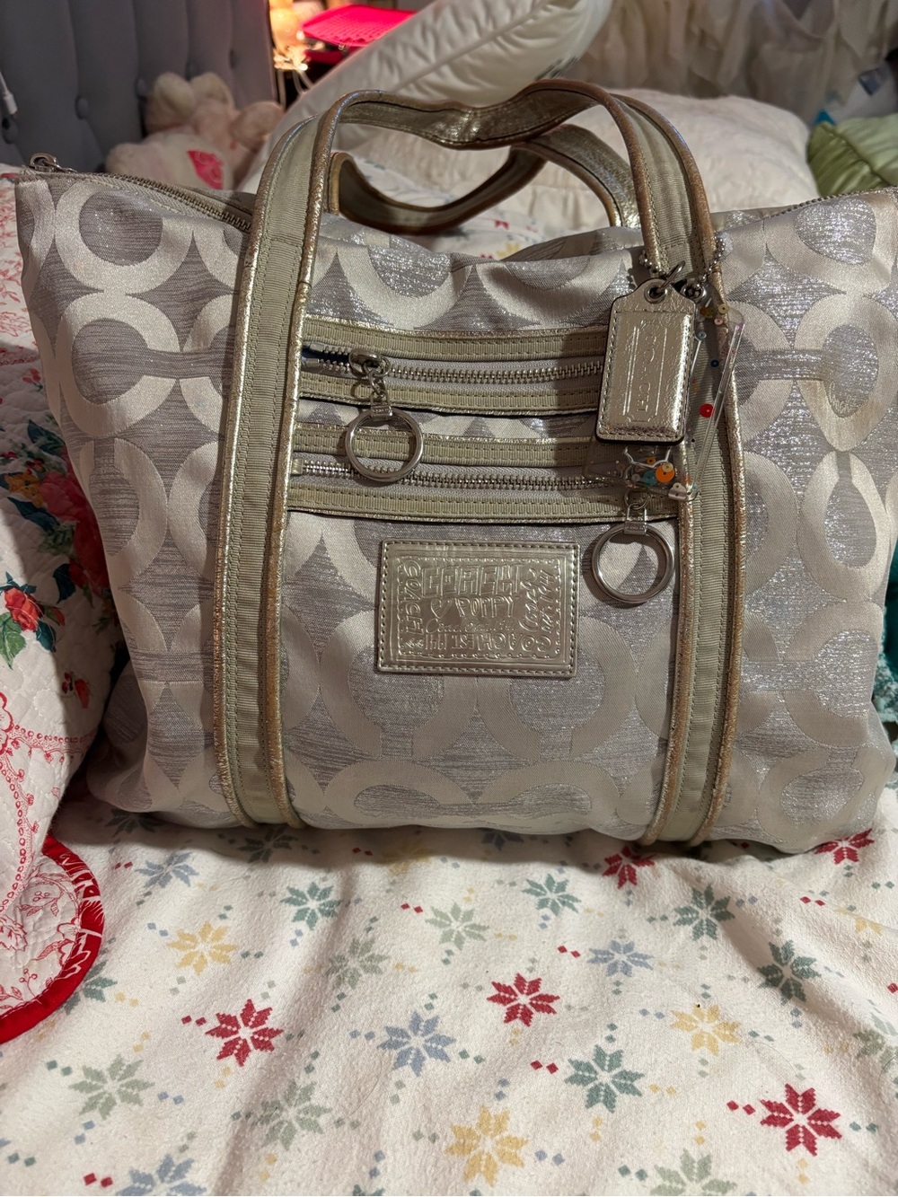 Coach Silver Signature Tote with Metallic Trim